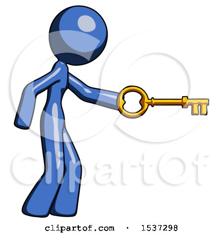Blue Design Mascot Woman with Big Key of Gold Opening Something by Leo Blanchette