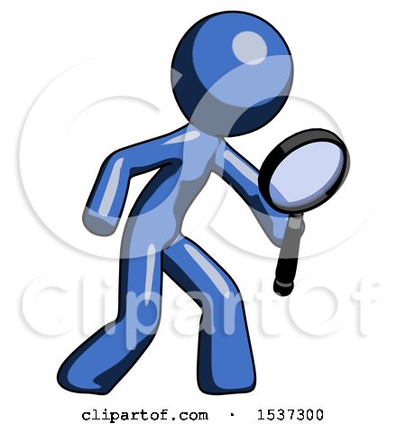 Blue Design Mascot Man Inspecting with Large Magnifying Glass Right by Leo Blanchette