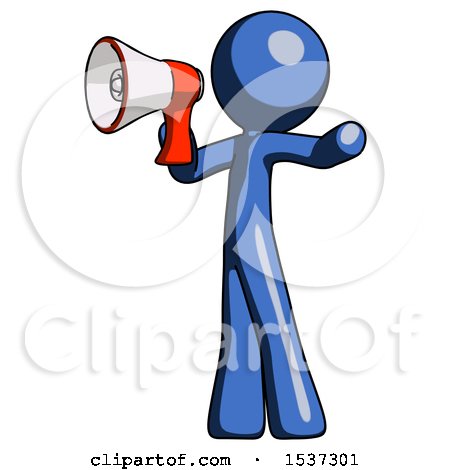 Blue Design Mascot Man Shouting into Megaphone Bullhorn Facing Left by Leo Blanchette
