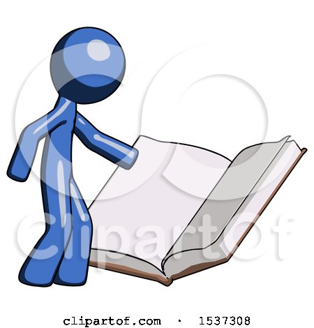 Blue Design Mascot Man Reading Big Book While Standing Beside It by Leo Blanchette