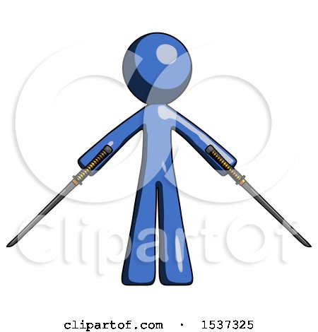 Blue Design Mascot Man Posing with Two Ninja Sword Katanas by Leo Blanchette