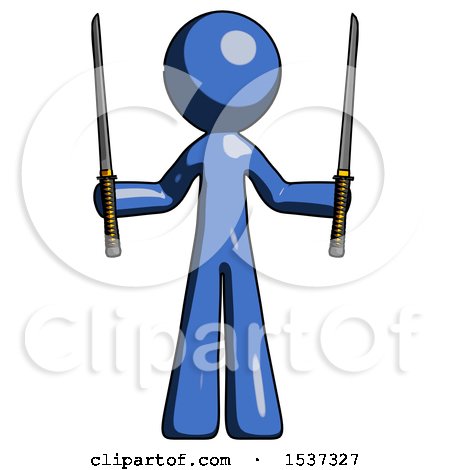 Blue Design Mascot Man Posing with Two Ninja Sword Katanas up by Leo Blanchette