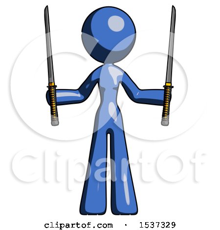 Blue Design Mascot Woman Posing with Two Ninja Sword Katanas up by Leo Blanchette