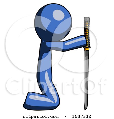 Blue Design Mascot Man Kneeling with Ninja Sword Katana Showing Respect by Leo Blanchette