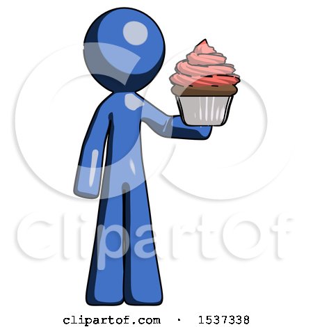 Blue Design Mascot Man Presenting Pink Cupcake to Viewer by Leo Blanchette