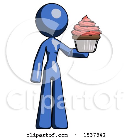 Blue Design Mascot Woman Presenting Pink Cupcake to Viewer by Leo Blanchette