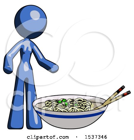 Blue Design Mascot Woman and Noodle Bowl, Giant Soup Restaraunt Concept by Leo Blanchette