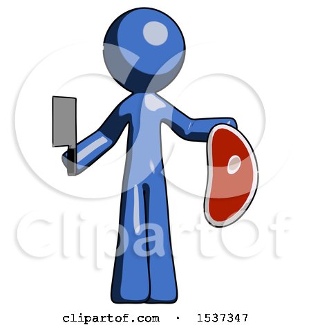 Blue Design Mascot Man Holding Large Steak with Butcher Knife by Leo Blanchette