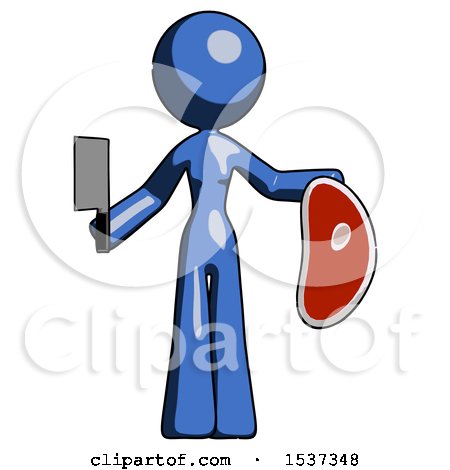 Blue Design Mascot Woman Holding Large Steak with Butcher Knife by Leo Blanchette