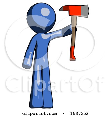 Blue Design Mascot Man Holding up Red Firefighter's Ax by Leo Blanchette