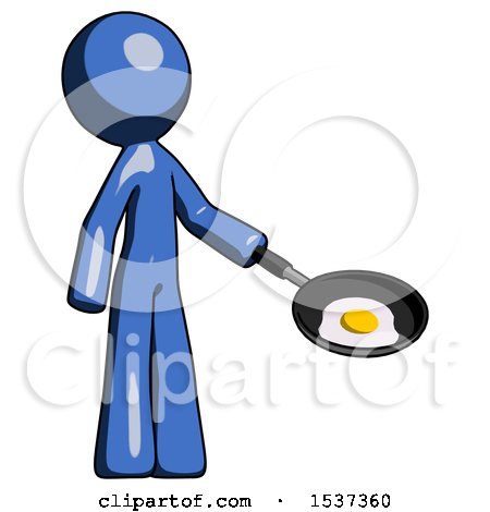 Blue Design Mascot Man Frying Egg in Pan or Wok Facing Right by Leo Blanchette