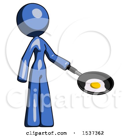 Blue Design Mascot Woman Frying Egg in Pan or Wok Facing Right by Leo Blanchette