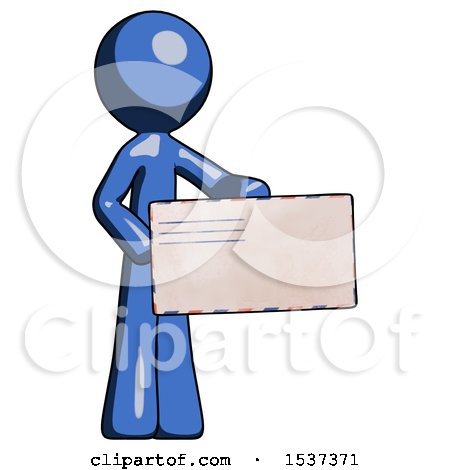 Blue Design Mascot Man Presenting Large Envelope by Leo Blanchette