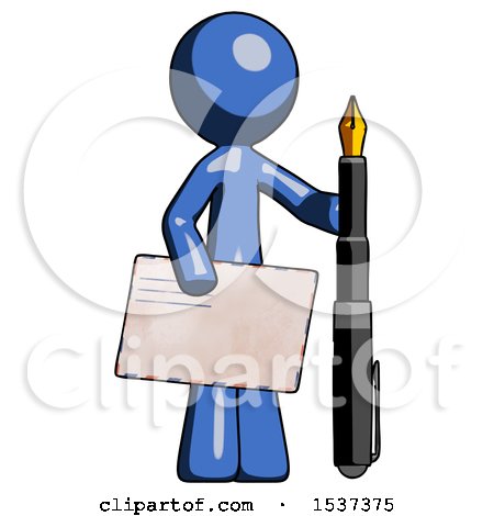 Blue Design Mascot Man Holding Large Envelope and Calligraphy Pen by Leo Blanchette
