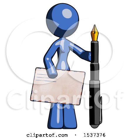 Blue Design Mascot Woman Holding Large Envelope and Calligraphy Pen by Leo Blanchette