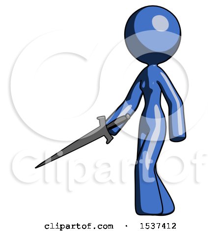 Blue Design Mascot Woman with Sword Walking Confidently by Leo Blanchette