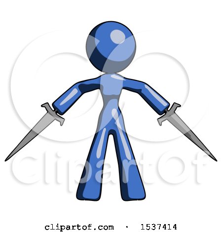 Blue Design Mascot Woman Two Sword Defense Pose by Leo Blanchette