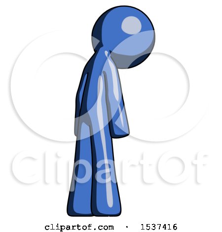 Blue Design Mascot Man Depressed with Head Down, Back to Viewer, Right by Leo Blanchette