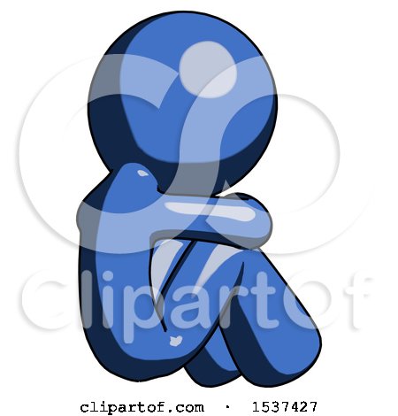 Blue Design Mascot Man Sitting with Head down Back View Facing Right by Leo Blanchette