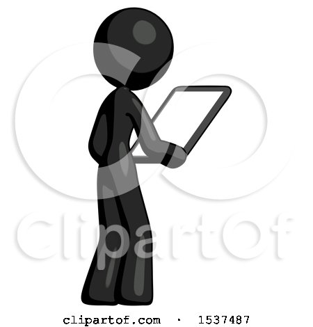 Black Design Mascot Woman Looking at Tablet Device Computer Facing Away by Leo Blanchette