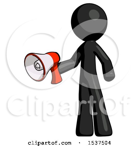 Black Design Mascot Man Holding Megaphone Bullhorn Facing Right by Leo Blanchette