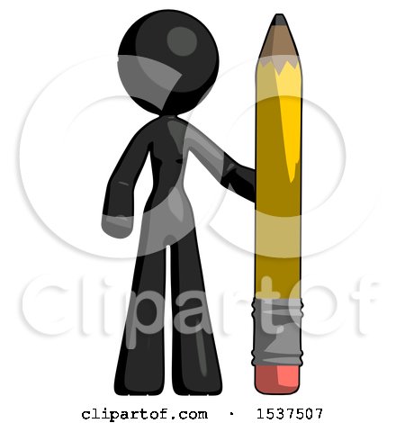Black Design Mascot Woman with Large Pencil Standing Ready to Write by Leo Blanchette