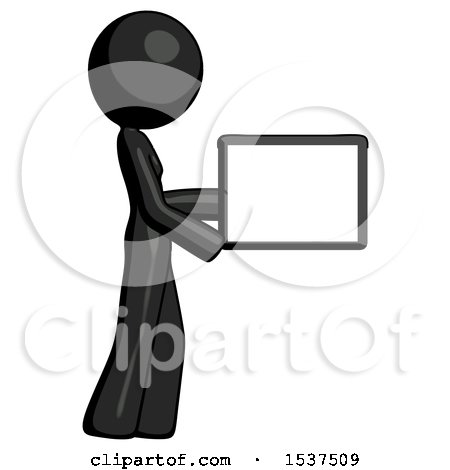 Black Design Mascot Woman Show Tablet Device Computer to Viewer, Blank Area by Leo Blanchette