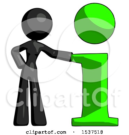 Black Design Mascot Woman with Info Symbol Leaning up Against It by Leo Blanchette