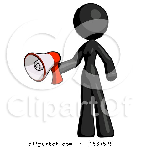 Black Design Mascot Woman Holding Megaphone Bullhorn Facing Right by Leo Blanchette