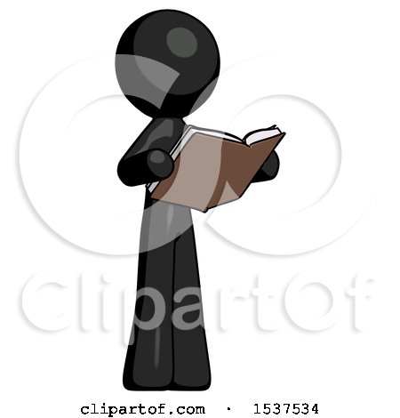 Black Design Mascot Man Reading Book While Standing up Facing Away by Leo Blanchette