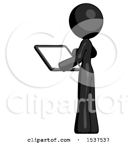 Black Design Mascot Woman Looking at Tablet Device Computer with Back to Viewer by Leo Blanchette