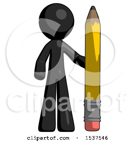 Black Design Mascot Man with Large Pencil Standing Ready to Write by Leo Blanchette