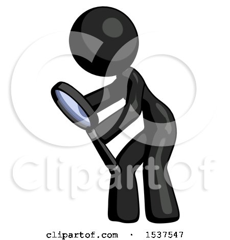 Black Design Mascot Woman Inspecting with Large Magnifying Glass Left by Leo Blanchette