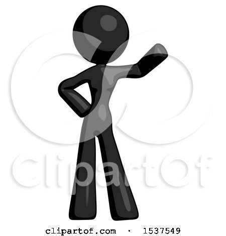 Black Design Mascot Woman Waving Left Arm with Hand on Hip by Leo Blanchette