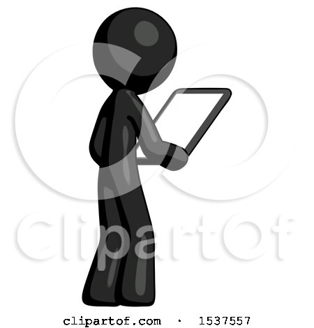 Black Design Mascot Man Looking at Tablet Device Computer Facing Away by Leo Blanchette