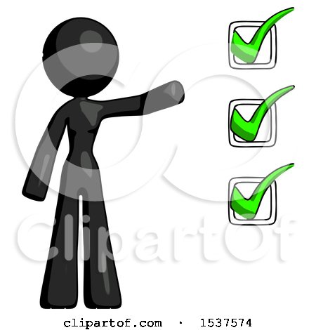 Black Design Mascot Woman Standing by a Checkmark List Arm Extended by Leo Blanchette