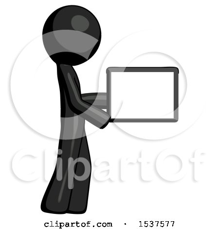 Black Design Mascot Man Show Tablet Device Computer to Viewer, Blank Area by Leo Blanchette