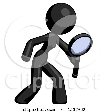 Black Design Mascot Woman Inspecting with Large Magnifying Glass Right by Leo Blanchette
