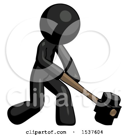 Black Design Mascot Man Hitting with Sledgehammer, or Smashing Something at Angle by Leo Blanchette