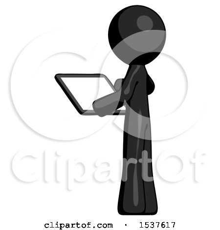 Black Design Mascot Man Looking at Tablet Device Computer with Back to Viewer by Leo Blanchette
