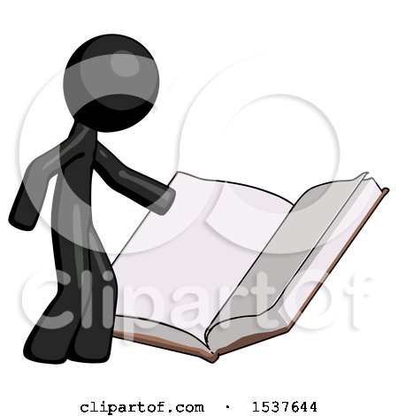 Black Design Mascot Man Reading Big Book While Standing Beside It by Leo Blanchette