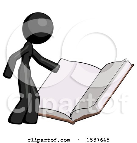Black Design Mascot Woman Reading Big Book While Standing Beside It by Leo Blanchette