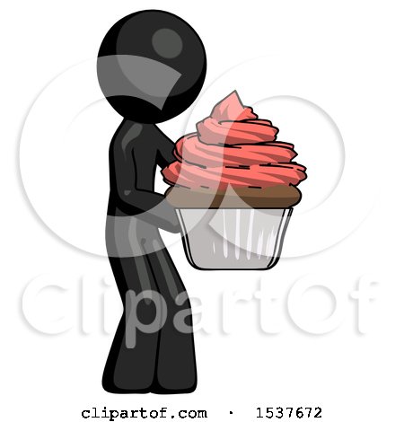 Black Design Mascot Man Holding Large Cupcake Ready to Eat or Serve by Leo Blanchette