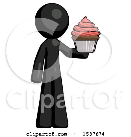 Black Design Mascot Man Presenting Pink Cupcake to Viewer by Leo Blanchette