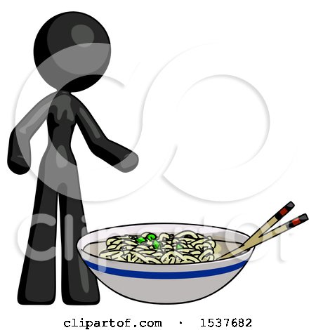 Black Design Mascot Woman and Noodle Bowl, Giant Soup Restaraunt Concept by Leo Blanchette
