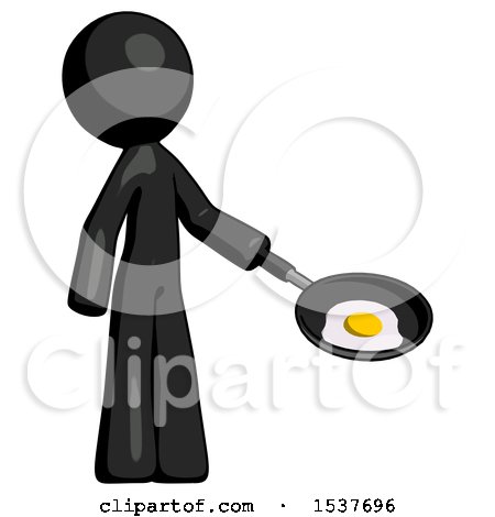 Black Design Mascot Man Frying Egg in Pan or Wok Facing Right by Leo Blanchette