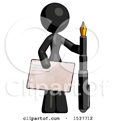 Black Design Mascot Woman Holding Large Envelope and Calligraphy Pen by Leo Blanchette