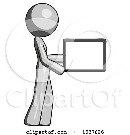 Gray Design Mascot Woman Show Tablet Device Computer to Viewer, Blank Area by Leo Blanchette