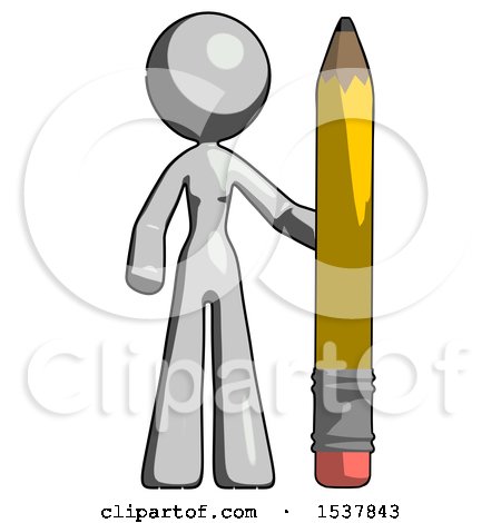 Gray Design Mascot Woman with Large Pencil Standing Ready to Write by Leo Blanchette
