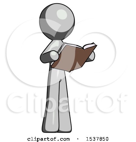 Gray Design Mascot Man Reading Book While Standing up Facing Away by Leo Blanchette